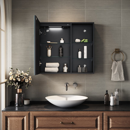 SIRHONA Armoire de Toilette Miroir, Armoire Murale avec Éclairage LED et Prises de Courant, 65 x 60 x 13cm - SIRHONA