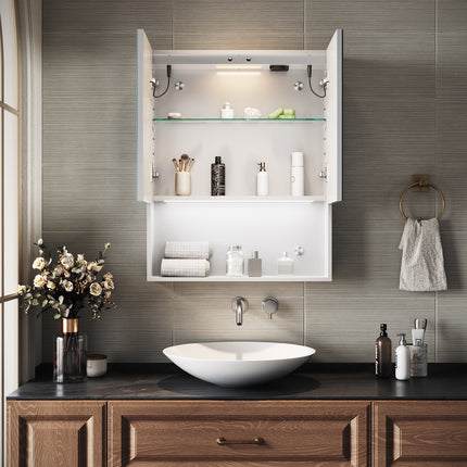 SIRHONA Armoire de Toilette Miroir, Armoire Murale avec Éclairage LED et Prises de Courant, Interrupteurs à Commande Tactile, Dimmable 60 x 75 x 13cm - SIRHONA