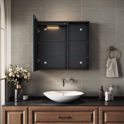 SIRHONA Armoire de Toilette Miroir, Armoire Murale avec Éclairage LED et Prises de Courant, 65 x 60 x 13cm - SIRHONA