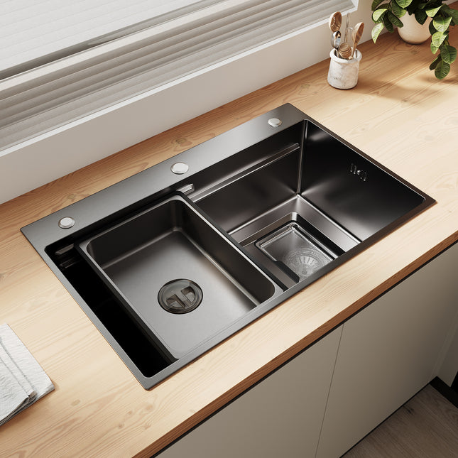 Évier de cuisine en acier inoxydable 304 SUS à 1 cuve, évier encastrable à cuve unique avec panier à déchets rectangulaire, Noir, 70 × 45 cm