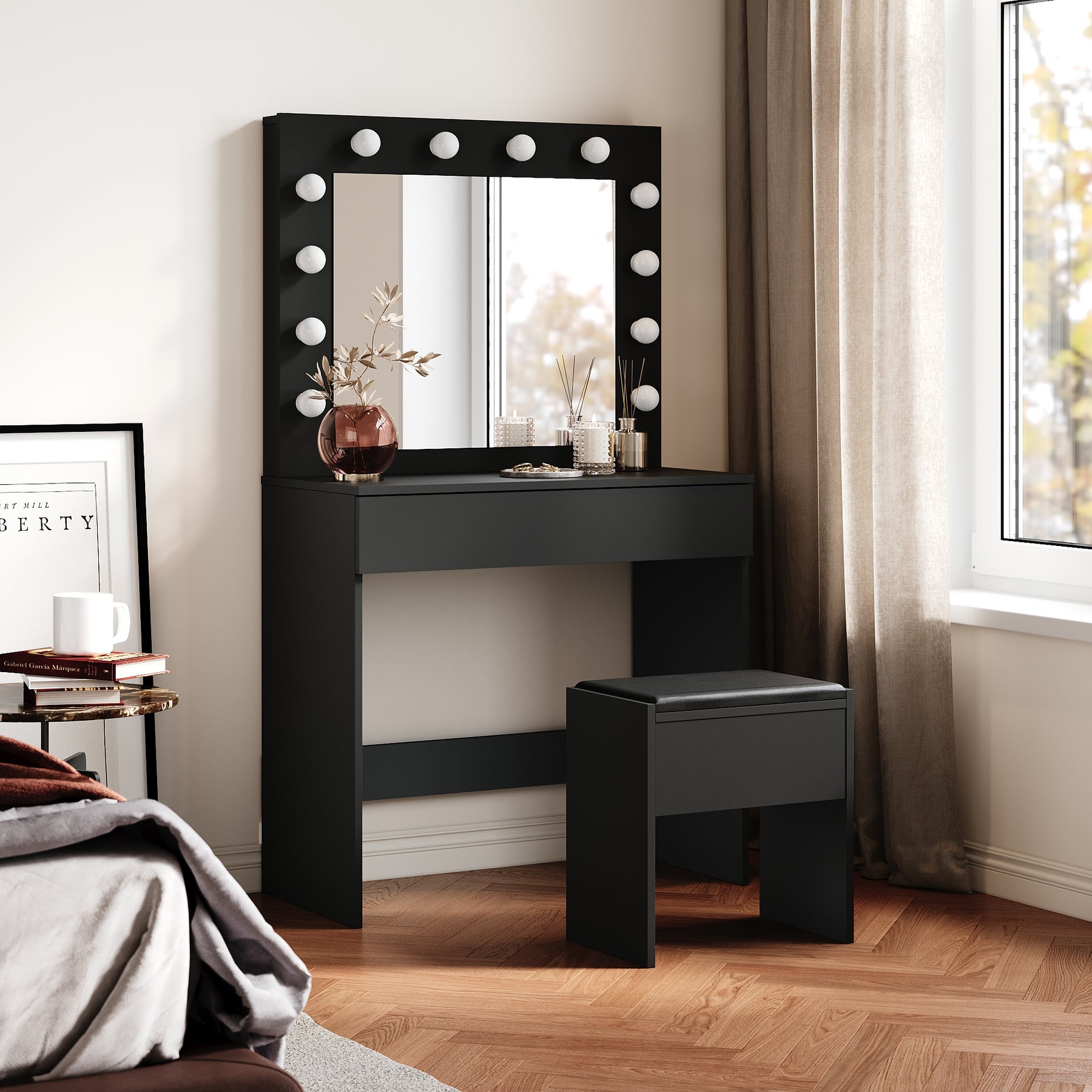 SIRHONA Coiffeuse avec éclairage LED Lumière réglable Grand tiroir Moderne Noir Coiffeuse avec Miroir + Tabouret de Maquillage - SIRHONA