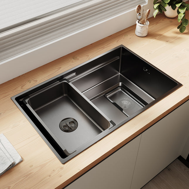 Évier de cuisine en acier inoxydable 304 SUS à 1 cuve, évier encastrable à cuve unique avec panier à déchets rectangulaire côté étroit, Noir, 70 × 44 cm