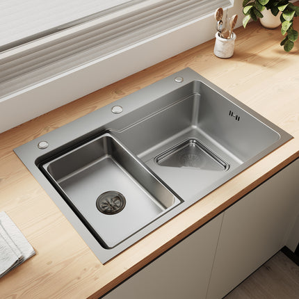 Évier de cuisine en acier inoxydable 304 SUS à 1 cuve, évier encastrable à une cuve avec égouttoir, crépine triangulaire, Argent, 70 × 48 cm - SIRHONA