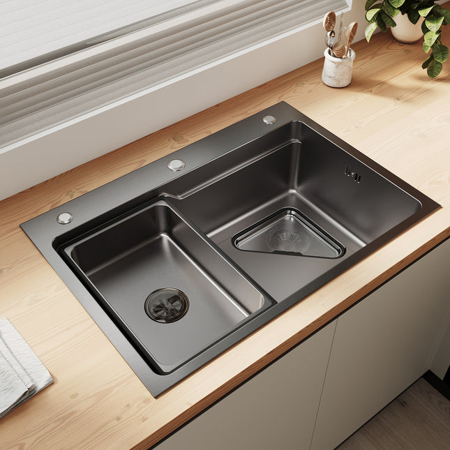 Évier de cuisine en acier inoxydable 304 SUS à 1 cuve, évier encastrable à une cuve avec panier à déchets triangulaire, Noir, 70×48cm