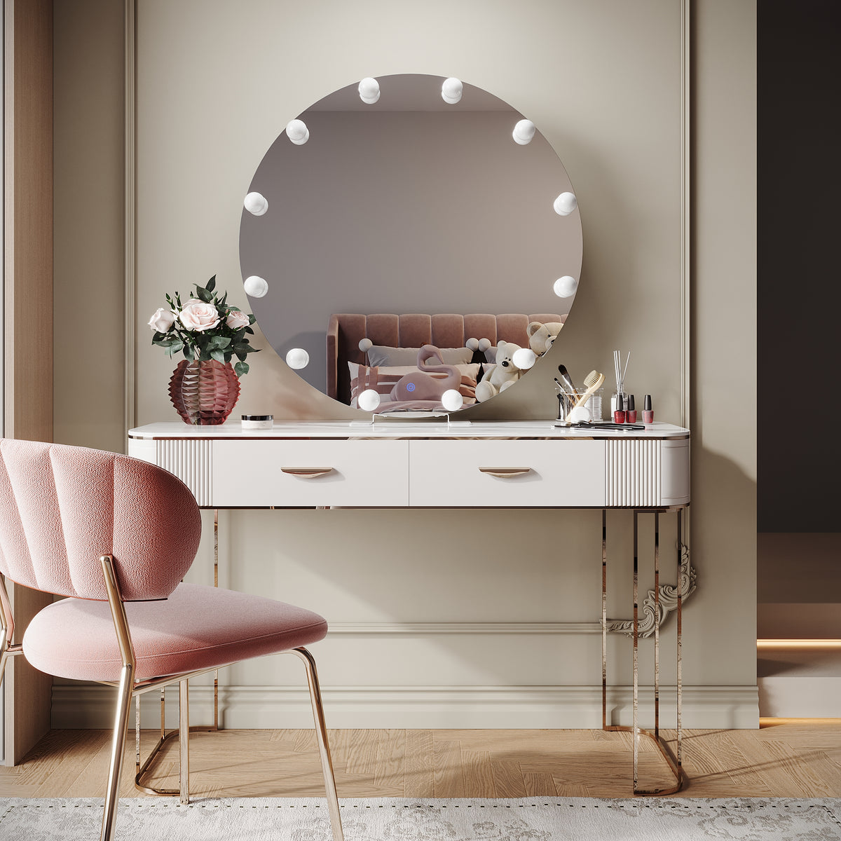 SIRHONA Miroir de maquillage LED, Miroir sur pied avec fonction mémoire 800 x 800 x 35mm