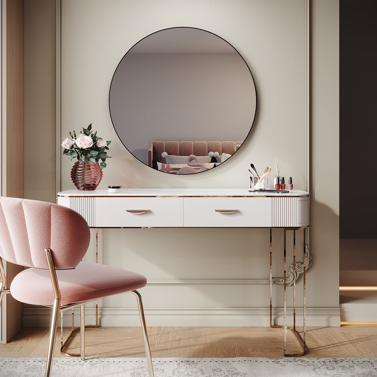 SIRHONA Miroir de maquillage avec cadre noir 800 x 800 x 35 mm, miroir rond mural