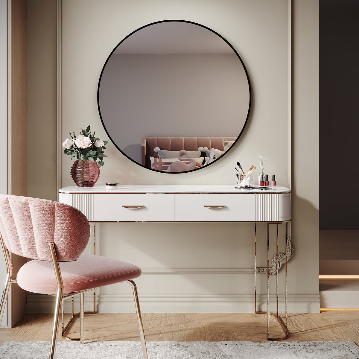 SIRHONA Miroir de maquillage avec cadre noir 900 x 900 x 35 mm, miroir rond mural