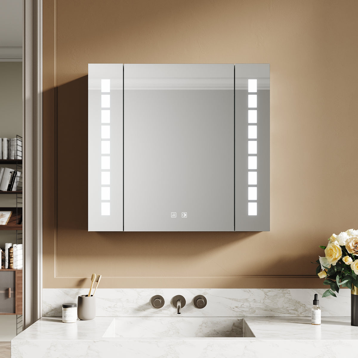 SIRHONA Armoire miroir 60 × 65 cm avec éclairage et prise de courant anti-buée LED avec écran tactile en aluminium - SIRHONA