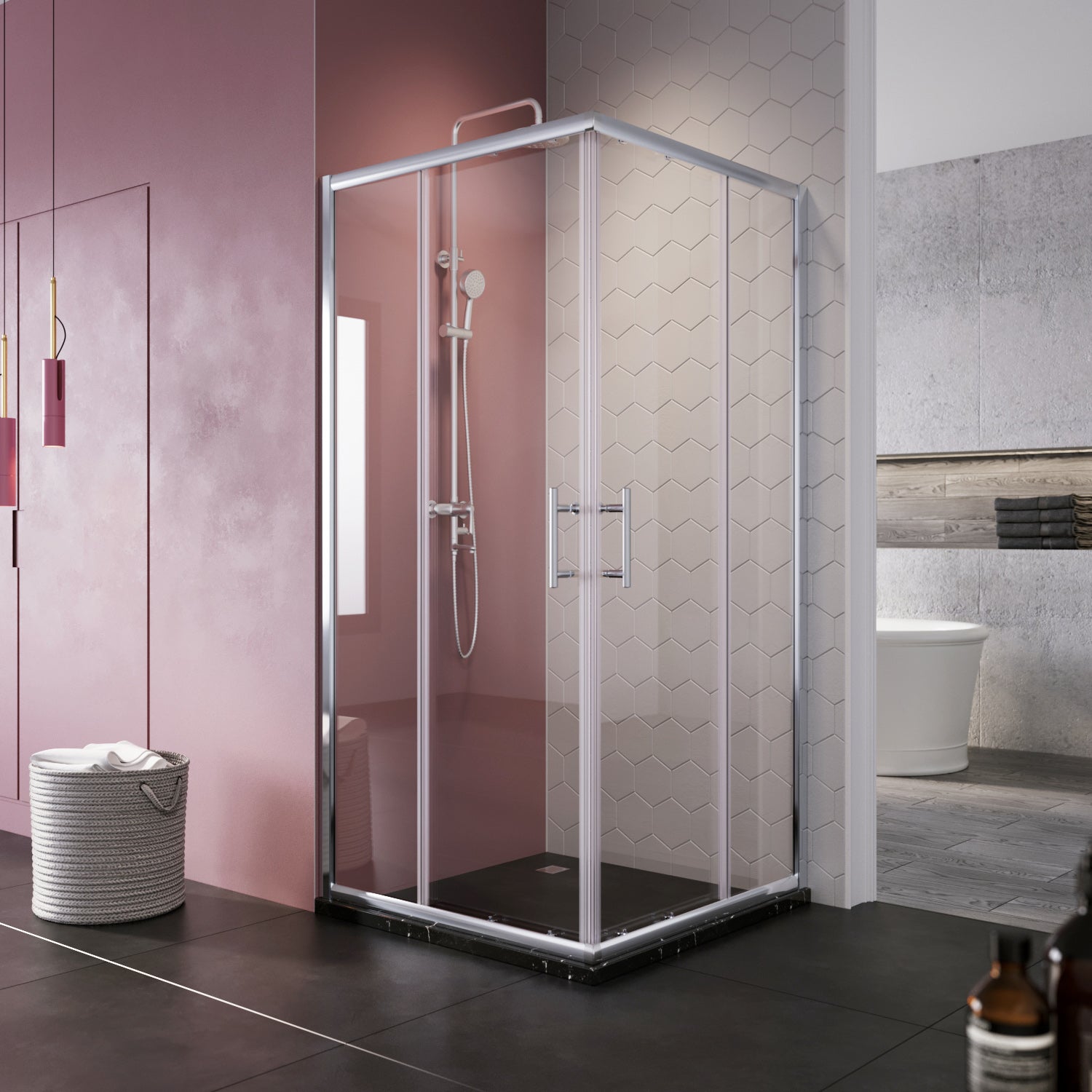 SIRHONA Cabine de douche Entrée d'angle Porte coulissante Verre trempé 6mm Installation réversible Profils An aluminium - SIRHONA