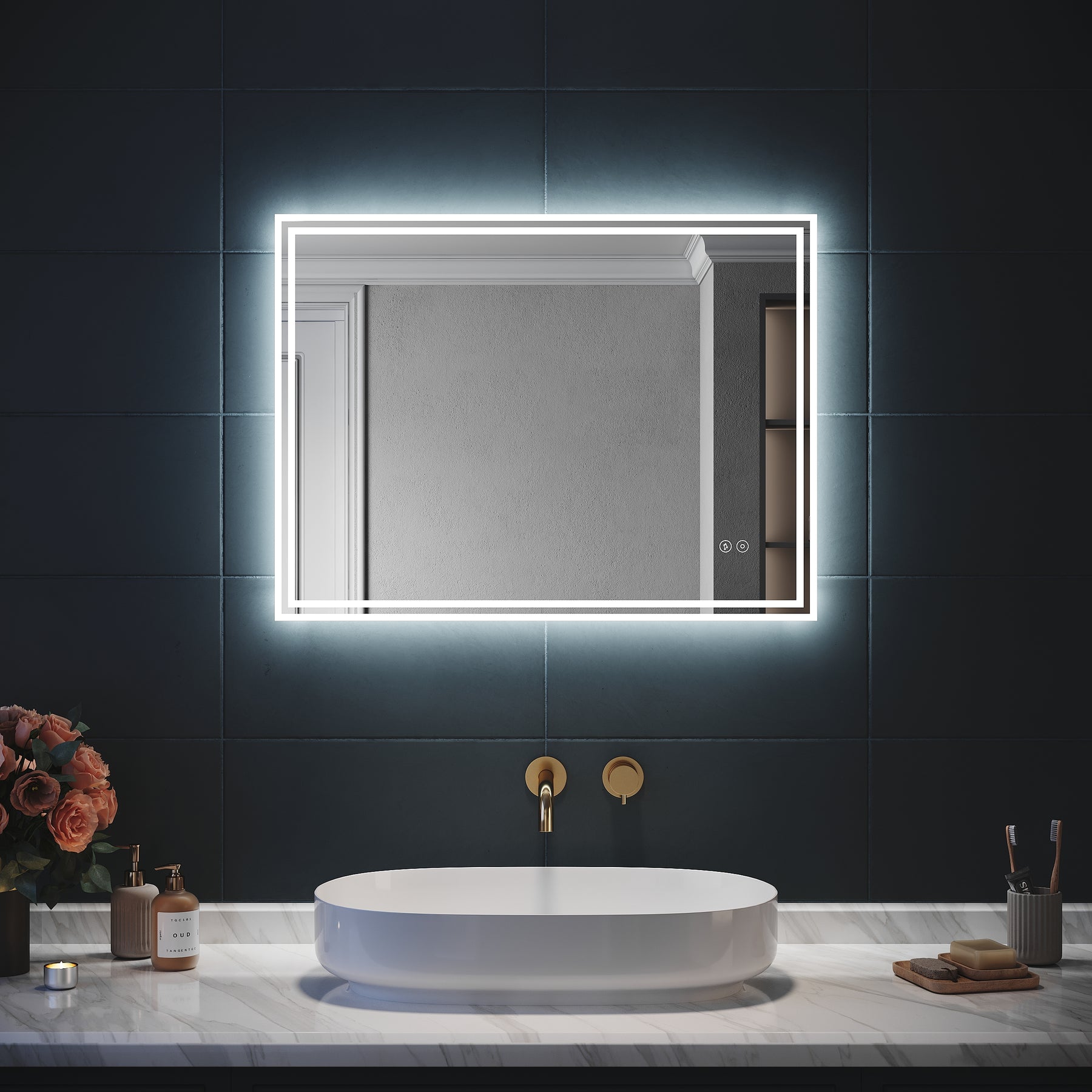 SIRHONA Miroir LED Salle de Bain Bluetooth 80x60cm Miroir Lumineux Salle de Bain avec Eclairage Intégré Anti-buée - SIRHONA