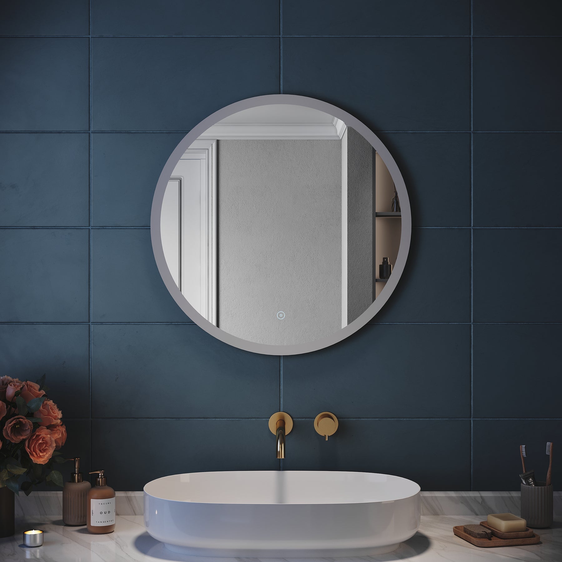 SIRHONA Miroir LED Rond Miroir de Maquillage monté sur Mur avec éclairé et Anti-buée  avec contrôle par capteur 60x60cm - SIRHONA