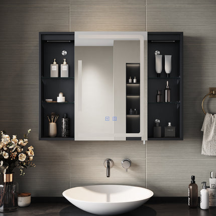 SIRHONA Armoire de Toilette Miroir, Armoire Murale avec Éclairage LED et Prises de Courant, Interrupteurs à Commande Tactile,  80 x 60 x 13cm - SIRHONA