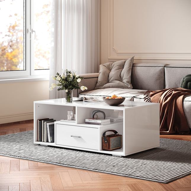 Table basse avec tiroirs de rangement et éclairage LED réglable Disponible en 12 couleurs Blanc 55 x 100 x 40 cm - SIRHONA