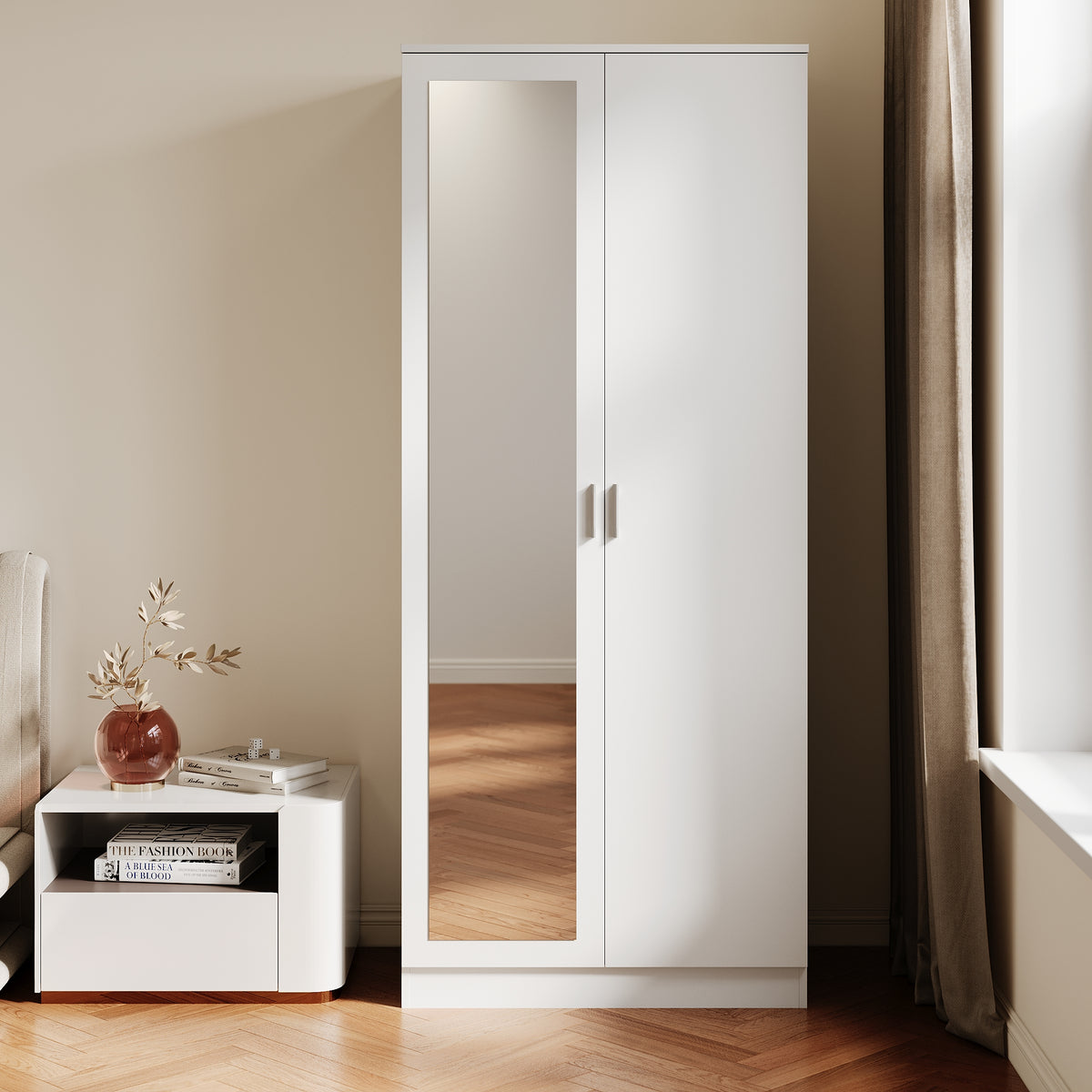 Armoire moderne 2 portes avec beaucoup d'espace de rangement, armoire polyvalente à portes battantes en blanc avec porte miroir, 76 x 47x 180cm