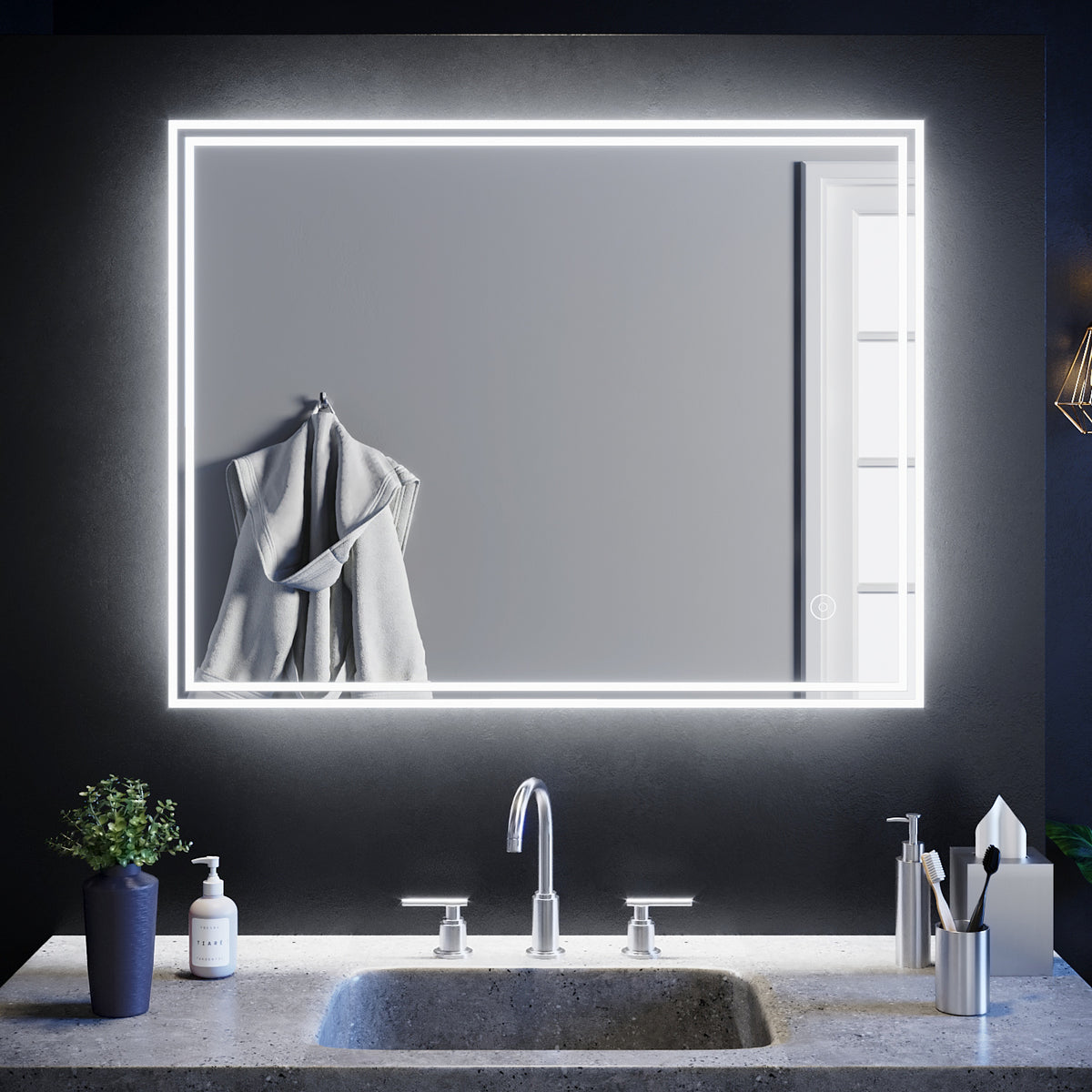 SIRHONA Miroir led Miroir de salle de bains avec éclairage LED Miroir Cosmétiques Mural Lumière Illumination avec Commande par Effleurement 90x70 CM