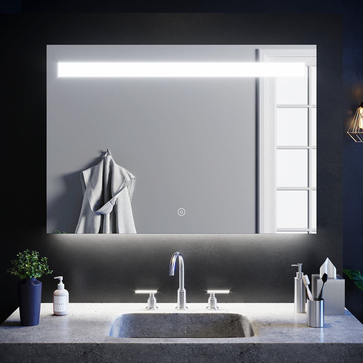 SIRHONA 100x70cm LED Miroir Salle de Bains avec éclairage Cosmétiques Mural Lumière Illumination avec Commande par Effleurement Anti-buée - SIRHONA