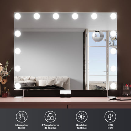 SIRHONA Miroir Maquillage 80x60cm avec 14 ampoules LED Miroir Hollywood 3 couleurs luminosité - SIRHONA