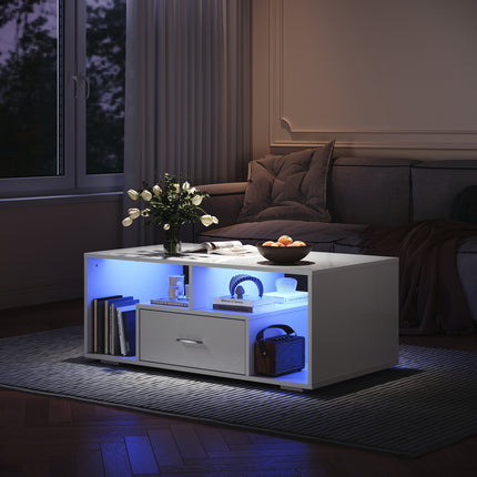 Table basse avec tiroirs de rangement et éclairage LED réglable Disponible en 12 couleurs Blanc 55 x 100 x 40 cm - SIRHONA
