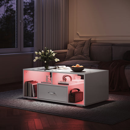 Table basse avec tiroirs de rangement et éclairage LED réglable Disponible en 12 couleurs Blanc 55 x 100 x 40 cm - SIRHONA
