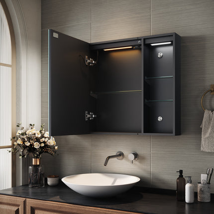 SIRHONA Armoire de Toilette Miroir, Armoire Murale avec Éclairage LED et Prises de Courant, Interrupteurs à Commande Tactile,  80 x 60 x 13cm - SIRHONA