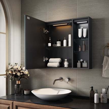 SIRHONA Armoire de Toilette Miroir, Armoire Murale avec Éclairage LED et Prises de Courant, Interrupteurs à Commande Tactile,  80 x 60 x 13cm - SIRHONA