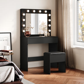 SIRHONA Coiffeuse avec éclairage LED Lumière réglable Grand tiroir Moderne Noir Coiffeuse avec Miroir + Tabouret de Maquillage - SIRHONA