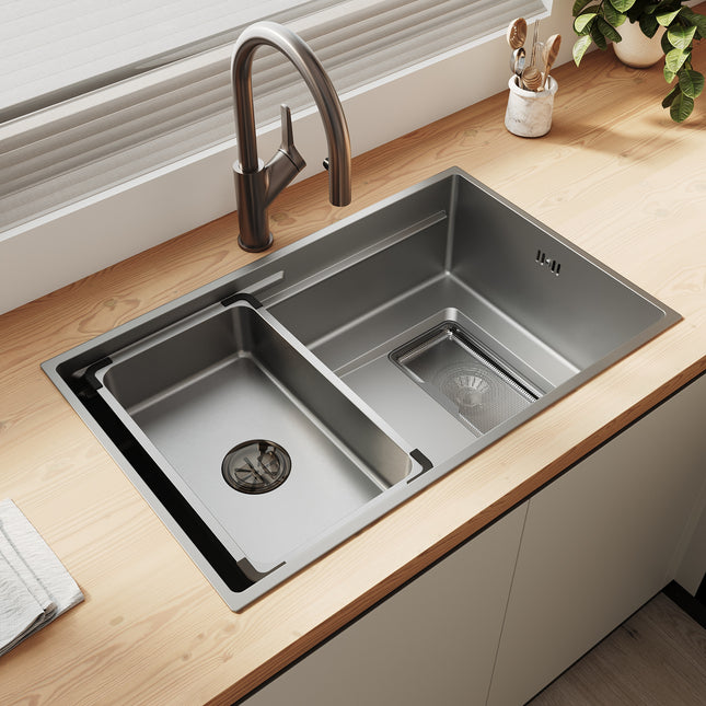 Évier de cuisine en acier inoxydable 304 SUS à 1 cuve, évier encastrable à une cuve avec  filtre à déchets rectangulaire côté étroit, Argenté, 70×44cm