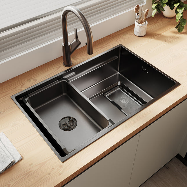 Évier de cuisine en acier inoxydable 304 SUS à 1 cuve, évier encastrable à cuve unique avec panier à déchets rectangulaire côté étroit, Noir, 70 × 44 cm