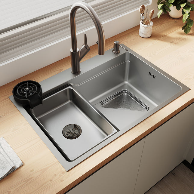 Évier de cuisine en acier inoxydable 304 SUS à 1 cuve, évier encastrable à une cuve avec égouttoir, crépine triangulaire, Argent, 70 × 48 cm