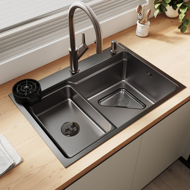 Évier de cuisine en acier inoxydable 304 SUS à 1 cuve, évier encastrable à une cuve avec panier à déchets triangulaire, Noir, 70×48cm