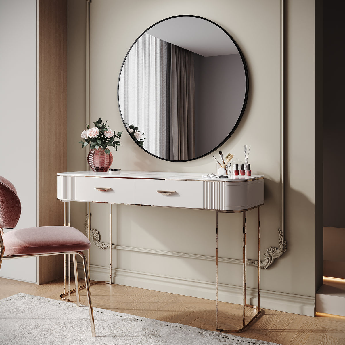 SIRHONA Miroir de maquillage avec cadre noir 900 x 900 x 35 mm, miroir rond mural