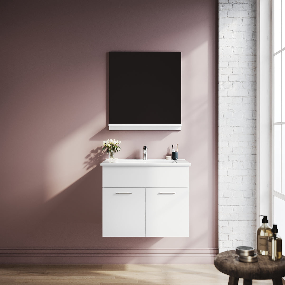 SIRHONA Combinaison meuble-lavabo pour petit espace, ensemble moderne de meubles suspendus avec plan vasque en résine Blanc - SIRHONA