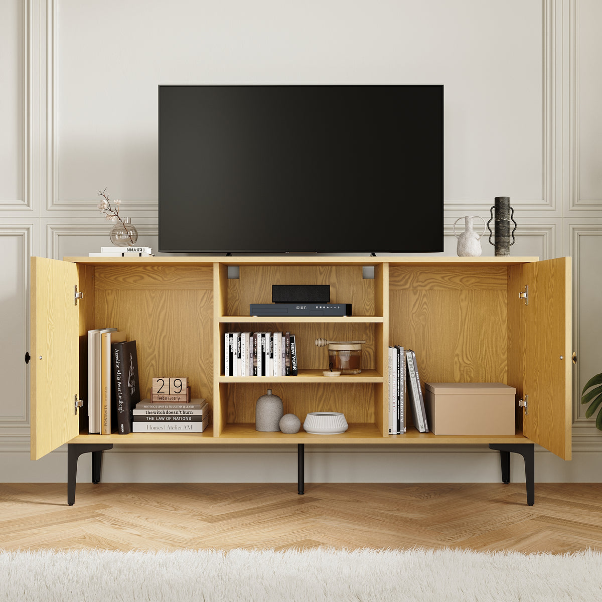 SIRHONA Meuble TV Support télévision Meuble TV style moderne avec porte battante meuble TV couleur imitation bois 140x35x70 cm - SIRHONA