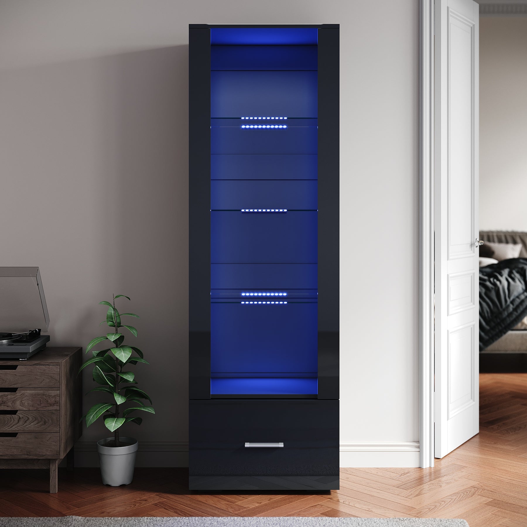 SIRHONA Avec éclairage LED Armoire d'exposition en verre avec tiroirs Façade noire brillante Armoire d'exposition pour collectionneurs 550 x 350 x 1720 mm - SIRHONA