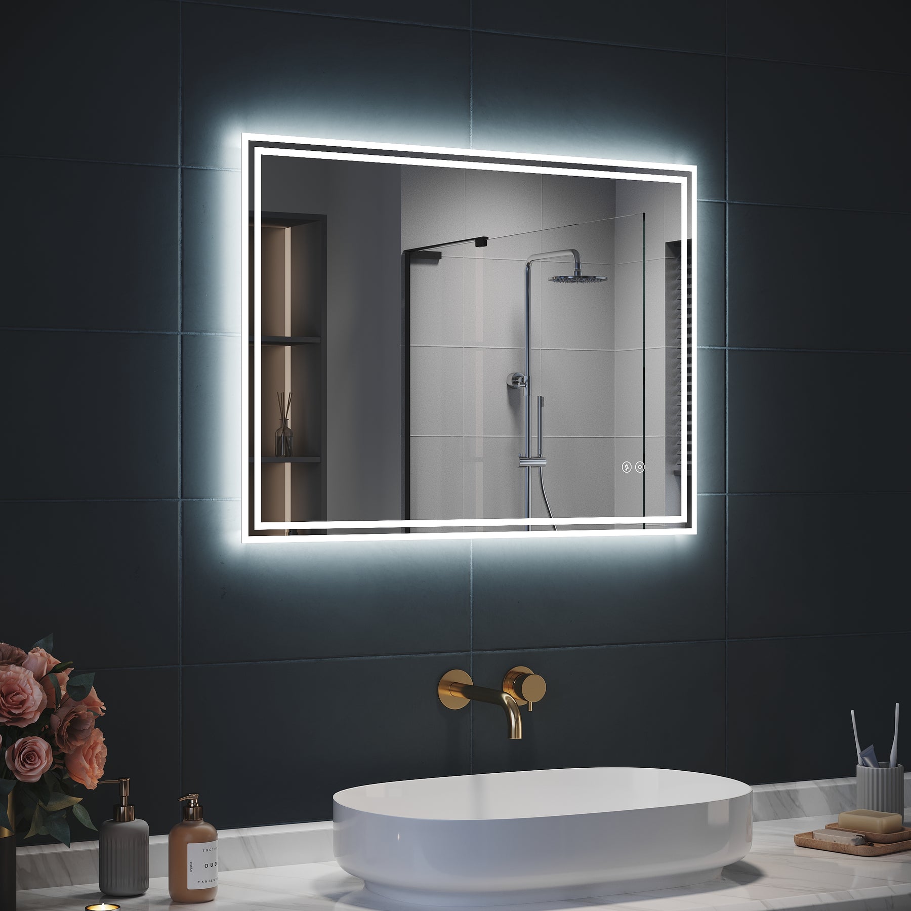 SIRHONA Miroir LED Salle de Bain Bluetooth 80x60cm Miroir Lumineux Salle de Bain avec Eclairage Intégré Anti-buée - SIRHONA