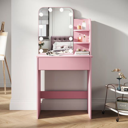 SIRHONA Coiffeuse avec Miroir, Table de maquillage avec 1 tiroir et 3 Compartiments Ouverts, Table de vanité, Style Moderne, poudré + 10 Ampoules LED (3 couleurs) - SIRHONA