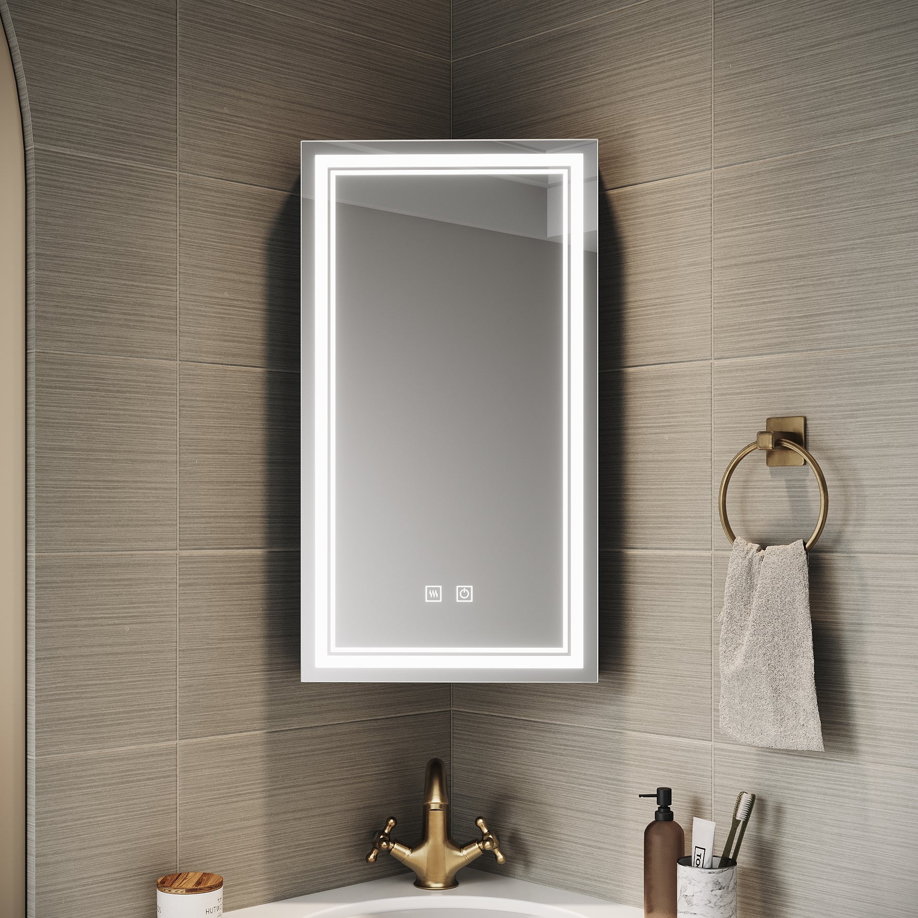 SIRHONA Armoire de Toilette Miroir, Armoire Murale avec Éclairage LED et Prises de Courant 38.5 x 70 x 16cm