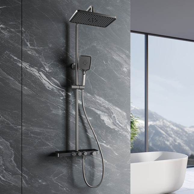 Colonne de Douche Thermostatique 38°C avec Pommeau de Douche, 3 Sorties d'Eau, Réglable en Hauteur, Gris Pistolet - SIRHONA