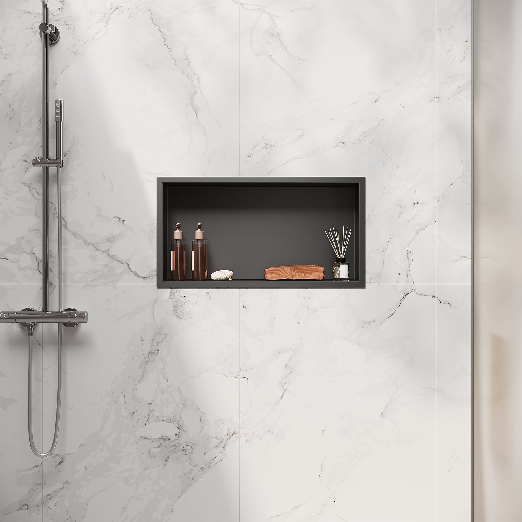 Niche murale de douche en acier inoxydable, niche de douche encastrée, étagère individuelle de stockage pour salle de bains, pas de carrelage nécessaire, 60 x 30 x 10 cm, noir - SIRHONA