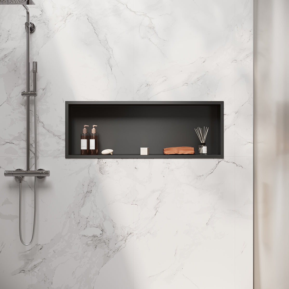 Niche murale de douche en acier inoxydable, niche de douche encastrée, étagère unique de stockage pour salle de bains, pas de carrelage nécessaire, 90 x 30 x 10 cm, noir - SIRHONA