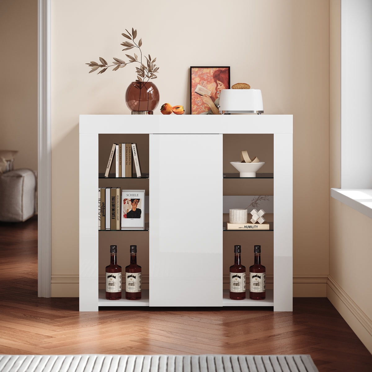 Buffet, armoire de cuisine avec éclairage LED (12 couleurs réglables) blanc  90 x 35 x 83 cm