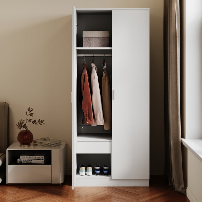 Armoire moderne 2 portes avec beaucoup d'espace de rangement, armoire polyvalente à portes battantes en blanc avec porte miroir, 76 x 47x 180cm - SIRHONA