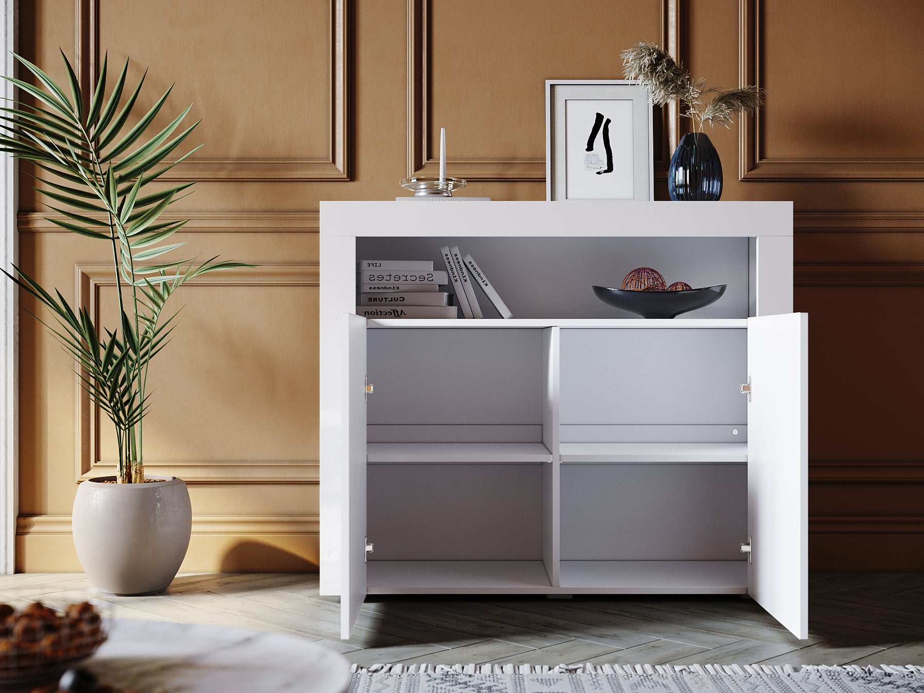 Commode Sideboard avec éclairage LED brillant Meuble de  Armoire de salon, blanc