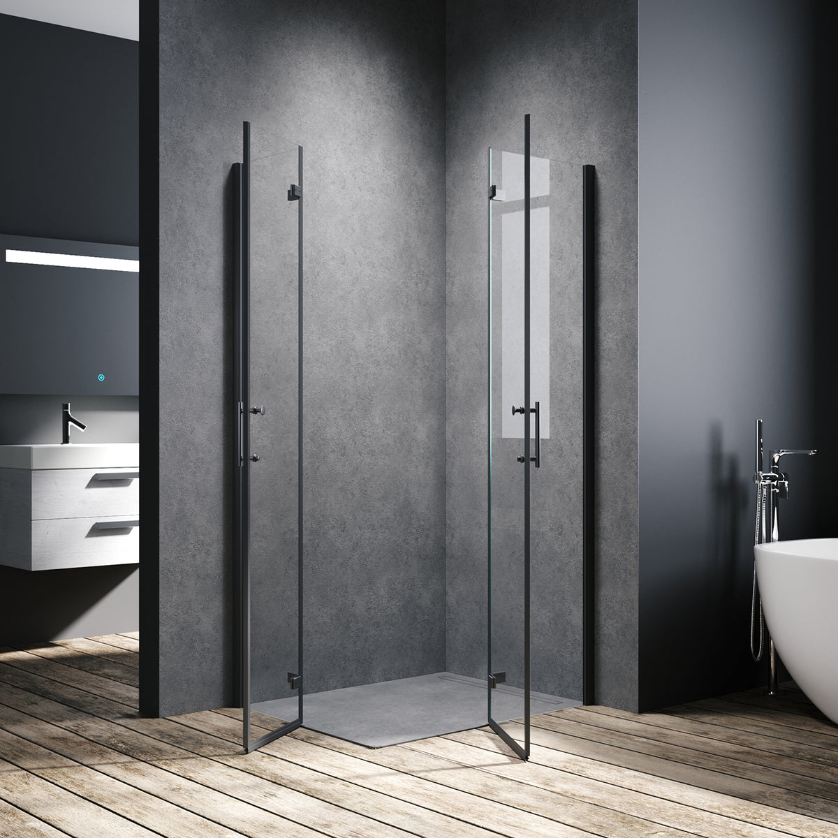 Cabine de douche accès d'angle Porte de douche pivotante noire 195cm de hauteur Avec porte pivotante  Cabine de douche sans cadre - SIRHONA