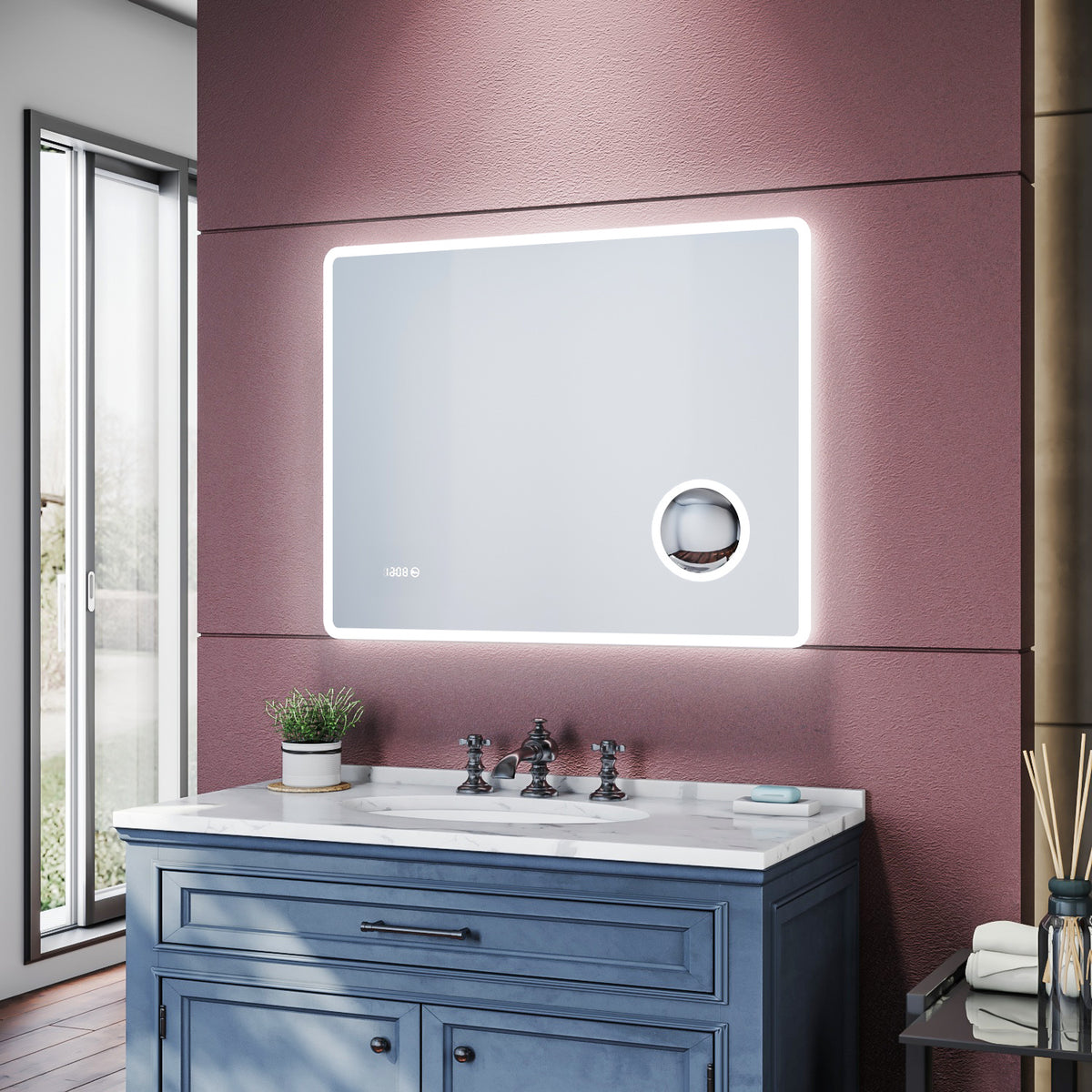 SIRHONA Miroir de salle de bains LED Miroir salle de bain avec prise de courant Anti-buée avec éclairage Miroir grossissant 3X Blanc froid 90x70cm