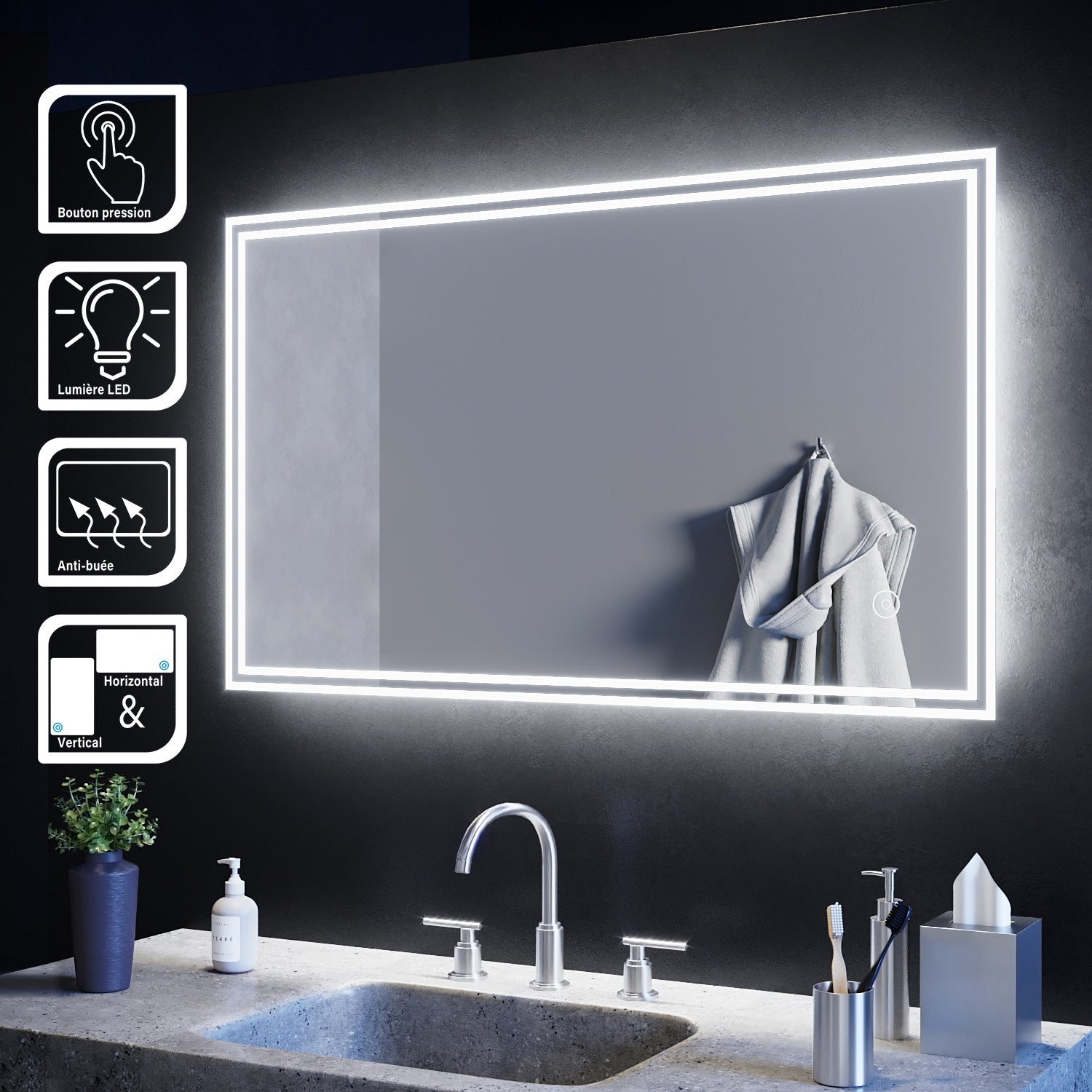 SIRHONA Miroir LED Salle de Bain avec éclairage, Miroir Lumineux Salle de Bain Anti-buée,100x60cm - SIRHONA