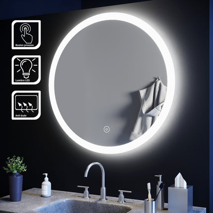 SIRHONA 60-80cm Miroir de Salle de Bain à LED Rond Anti-buée avec éclairage intégré Blanc Froid Miroir Rond Mural - SIRHONA