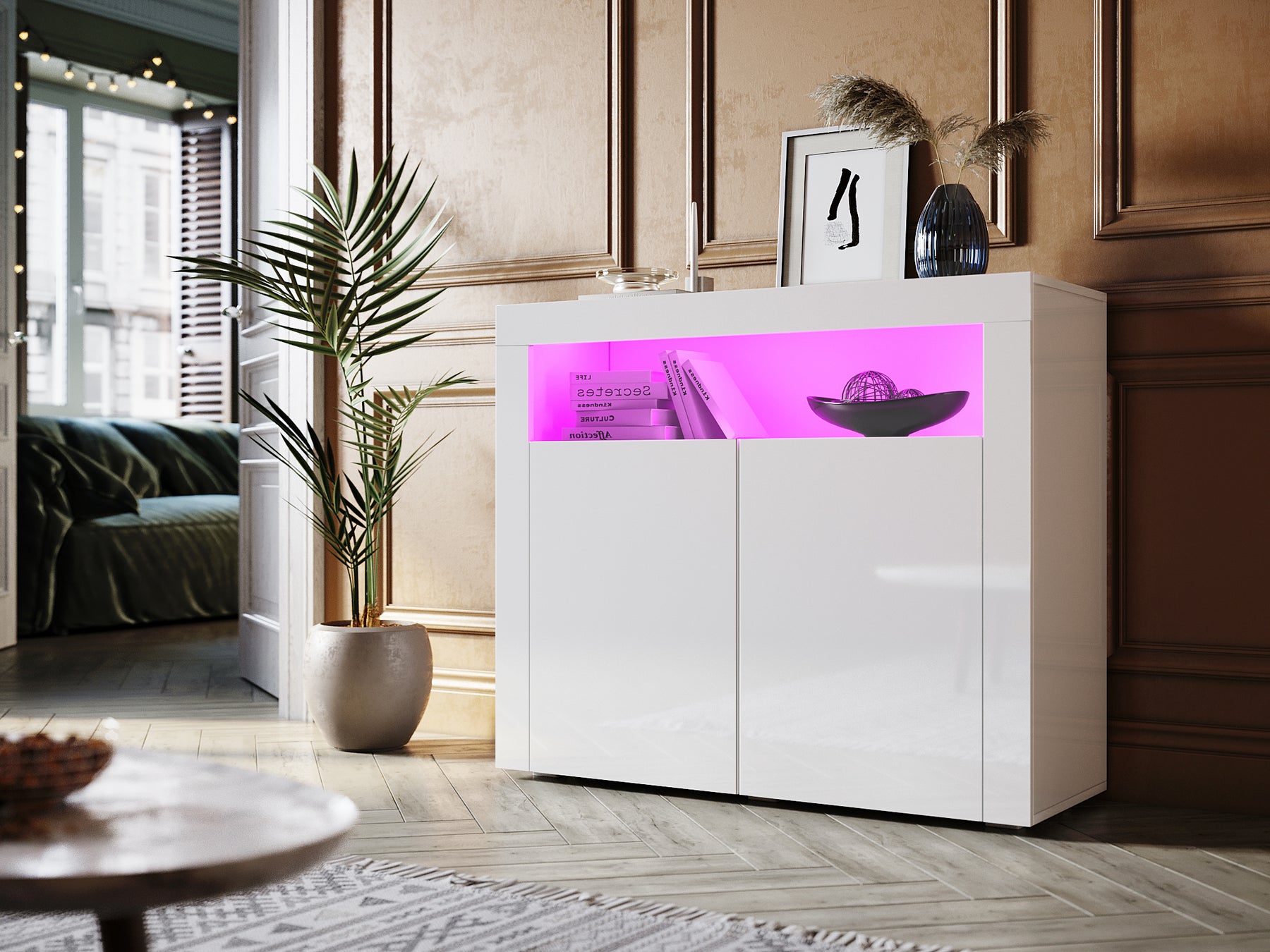 Commode Sideboard avec éclairage LED brillant Meuble de  Armoire de salon, blanc