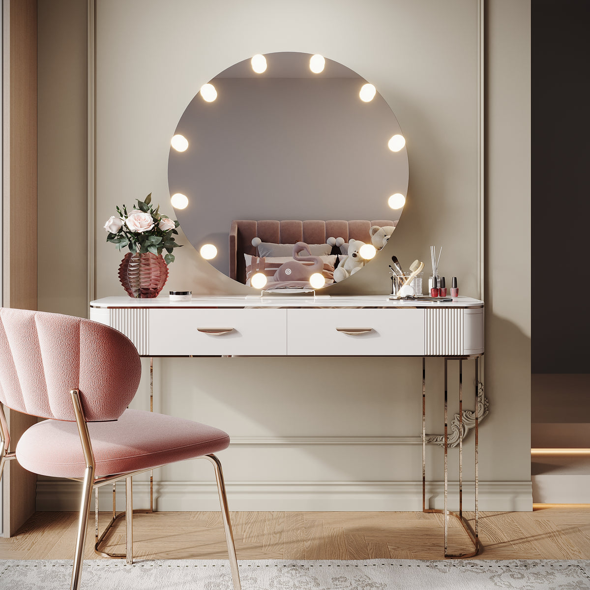 SIRHONA Miroir de maquillage LED, Miroir sur pied avec fonction mémoire 800 x 800 x 35mm