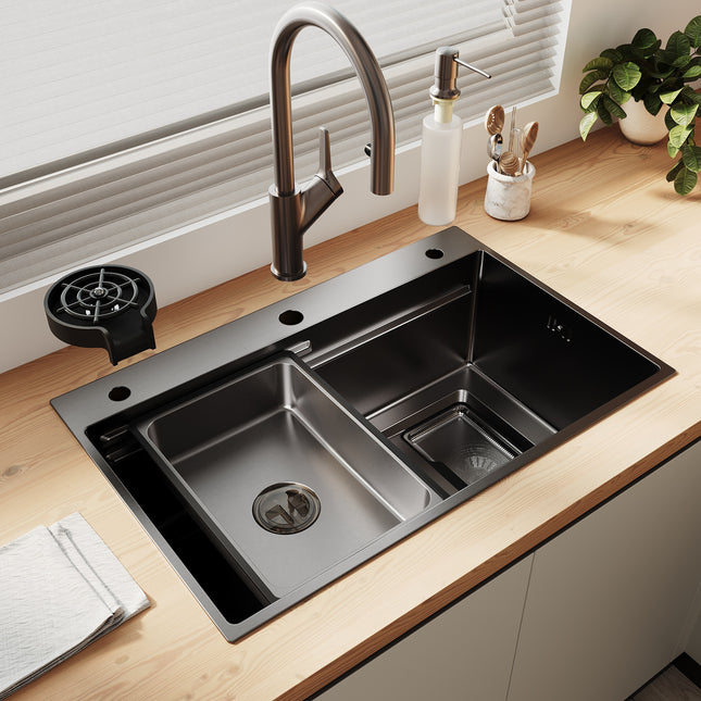 Évier de cuisine en acier inoxydable 304 SUS à 1 cuve, évier encastrable à cuve unique avec panier à déchets rectangulaire, Noir, 70 × 45 cm